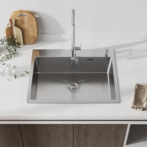 INTERFACCE UNIVERSAL：Il lavello è pre-forato con fori da 35 mm per l'installazione del rubinetto e della pompa del sapone. È inclusa una pompa del sapone (il rubinetto non è incluso).