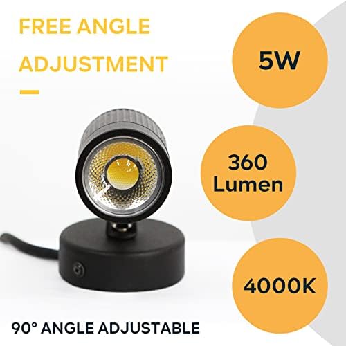 Kerry Outdoor Wall Lights, LED IP65 Adjustable Black Stainless Steel Spotlight with External Cable, Waterproof Mains Powered Exterior Wall Sconce, Security Spot Lights for Porch, Patio, Garden, Garage