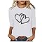 Women 3/4 Length Sleeve Valentines Tops Round Neck Valentines Day Top Casual Loose Love Heart Printed Shirts White