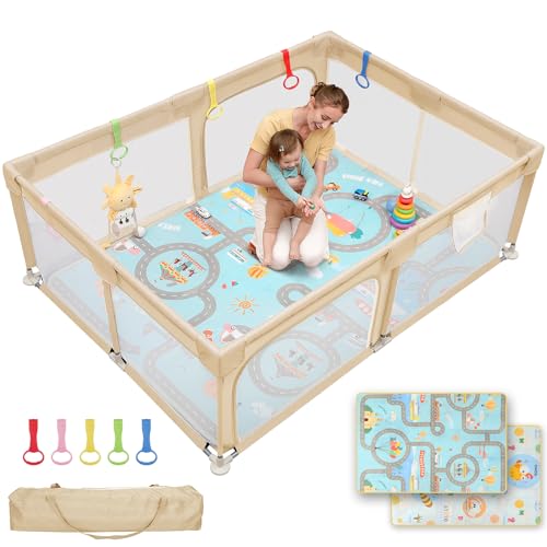 Image of Dripex Baby Playpen with Mat, 71 inchx47 inch Large Play Pen for Babies, Beige