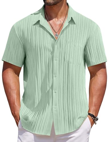 COOFANDY Mens Button Down Short Sleeve Shirt Linen Textured Shirts for Men Casual Wrinkle Free Shirts for Men Ice Green