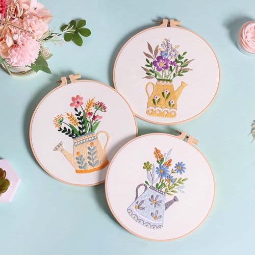 Image of GLTAYLMY 3pcs Embroidery Starter Kit with Vase Pattern, Stamped Cross Stitch Kits for Beginners Adults with Embroidery Hoop and Instructions, Hand Embroidery Kit
