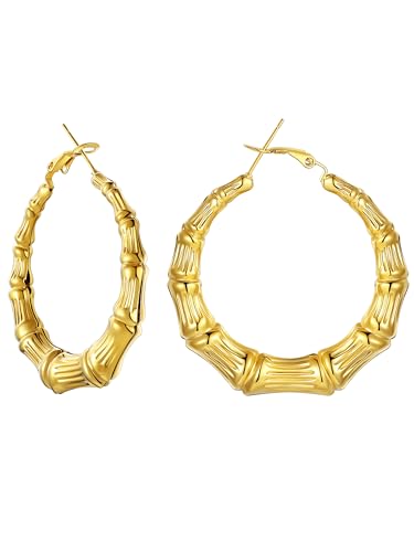 U7 Bamboo Earrings for Women 18K Gold Plated/Stainless Steel/Personalized Black Statement Extra Large Hoop Earrings 80s 90s Custom Name Huggie Earrings for Party Fashion Jewlery