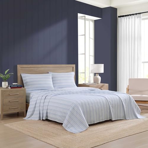 Image of Tommy Hilfiger - Queen Bed Sheets, Crisp & Cool Cotton Percale Bedding with Matching Pillowcases, Lightweight Bed Set, Oeko-Tex Certified (Sailing Stripe Blue)