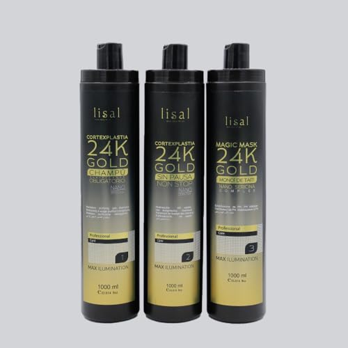 Kit Alisador de Cabello Profesional , Lisal 24K Gold Cortexplastia, PACK DE 3 1000 ml.