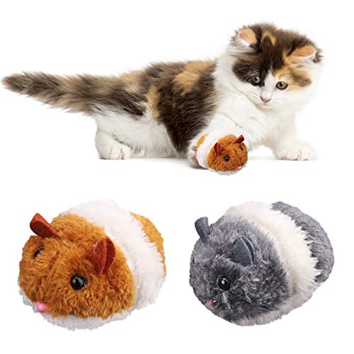 PLUSHCEWT 2 Stück Interaktives Katzenspielzeug Hamster, Kleines Plüschtier Aufziehspielzeug mit Motor Fördert Jagdinstinkt, Spielzeugmaus für Katzen, Plüschtier im Set mit Fellimitat für Katzen