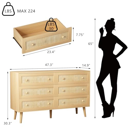 Image of HUANLEGO Rattan Dresser for Bedroom, Modern 6 Drawer Dressers & Chest of Drawers, Natural Boho Dresser with Handles Wood Storage Organizer Modern Dressers for Closet, Hallway, Office