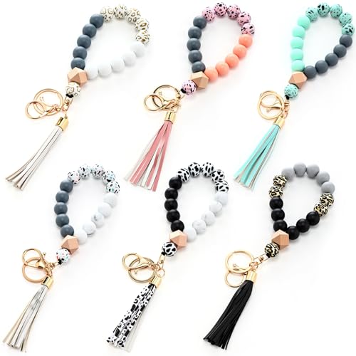 Tondiamo 6 Pcs Silicone Wristlet Keychain for Women Cute Car Key Ring Bracelet Beaded Bangle Chains with Leather Tassel(Fashion Colors)