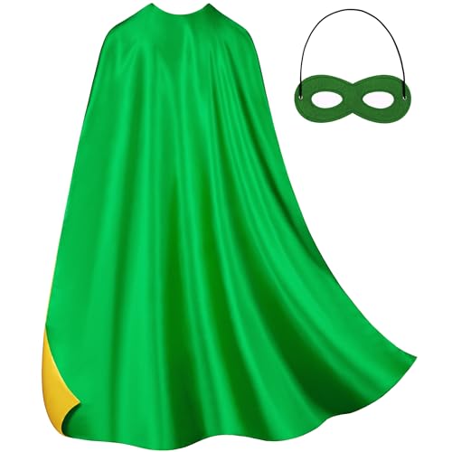 Adult Superhero Cape & Mask Set - Double-Sided Green & Yellow Super Hero Capes and Masks for Men Women Dress-Up Parties