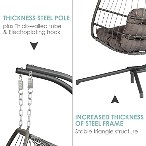 Double Egg Chair with Stand - 2 Person Hanging Egg Chair - Hand Made Rattan Wicker Egg Swing Chair Hammock Chair with UV Resistant Cushion & Aluminum Frame Indoor Outdoor (Dark Grey)