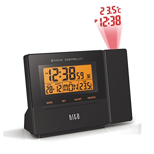 HITO Atomic Radio Controlled Projection Alarm Clock w/Date, Temperature, Week, Alarm Status, Backlight -mains powered/battery operated by HITO