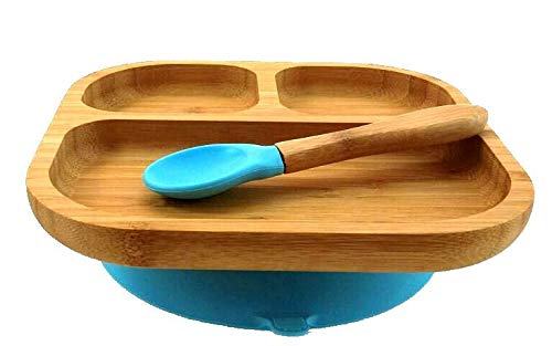 Baby Toddler Stay Put Dish, Kids Suction Plate, Bamboo Cute Dinnerware (Blue)