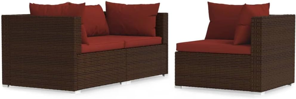 3 Piece Patio Lounge Set with Cinnamon red Cushions, Balcony Furniture Outdoor Lounge Chair Set with Soft Cushions for Porch, Lawn, Brown Poly Rattan