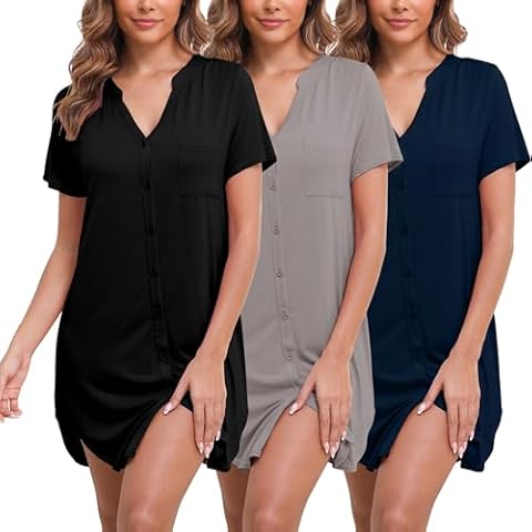 FEREMO 3 Pack Sleep Shirts for Women Button Down Nightgowns V Neck Short Sleeve Sleepwear Soft Comfy Nightshirt(Set1,L) Cover