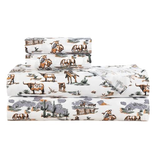 Image of Paseo Road Ranch Life 4 Piece King Green White Western Bed Sheet Set,