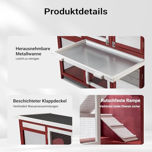 Wiltec Kaninchenstall rot weiß 1175 x 410 x 1000 mm, Hasenstall als Ergänzung für Freilauf, Kaninchenkäfig Hasenkäfig mit 4 Türen und Treppe
