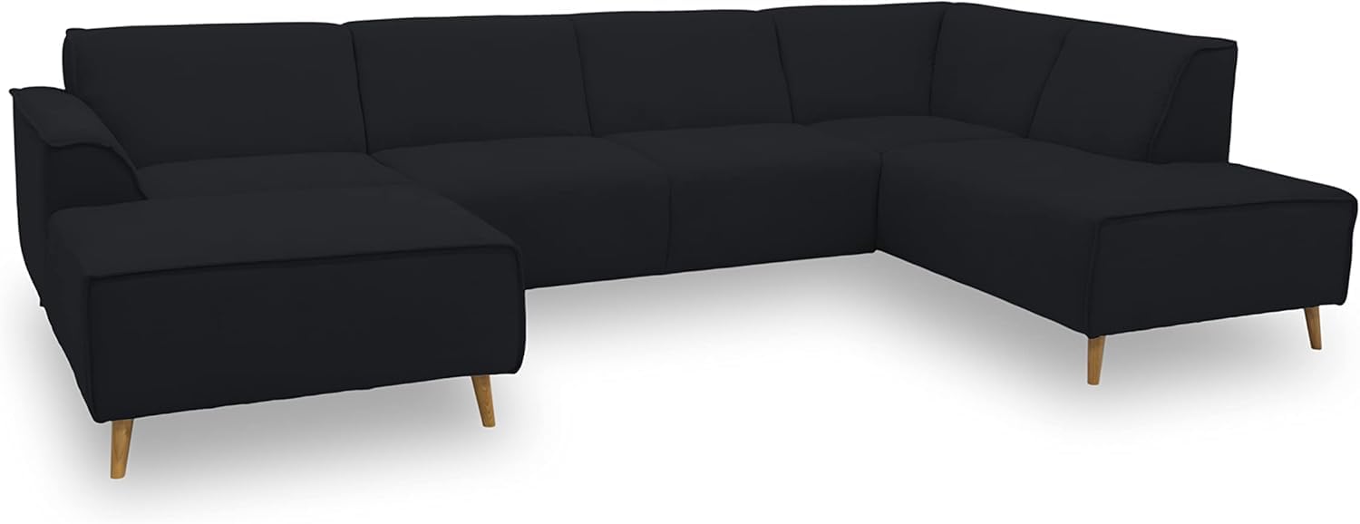 DOMO. collection Wohnlandschaft Jules FK, skandinavisches Sofa mit Federkern, Couch in U-Form mit Holzfüßen, 333 x 191 x 81 cm (BxTxH), Longchair rechts, schwarz