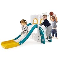 COSTWAY Toddler Slide, 6 in 1 Freestanding Kids Slide Playset with Basketball Hoop, Telescope, Climbing Ladder, Storage Space, Indoor Playground for Boys Girls (Yellow+Green)