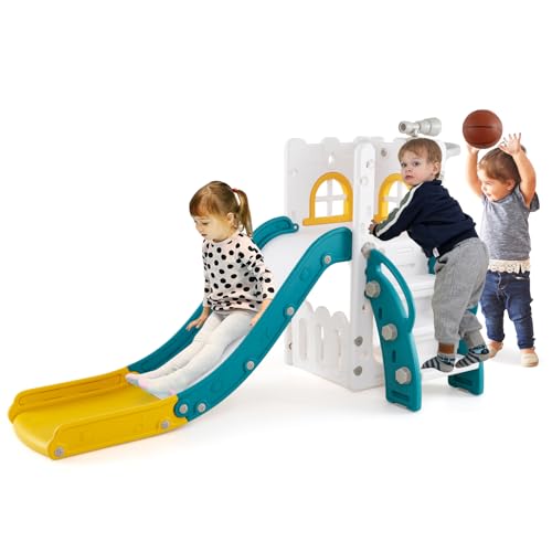 COSTWAY Toddler Slide, 6 in 1 Freestanding Kids Slide Playset with Basketball Hoop, Telescope, Climbing Ladder, Storage Space, Indoor Playground for Boys Girls (Yellow+Green)
