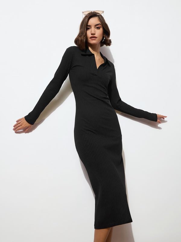 Image of barcino Black Rib Polo Neck Bodycon Midi Dress