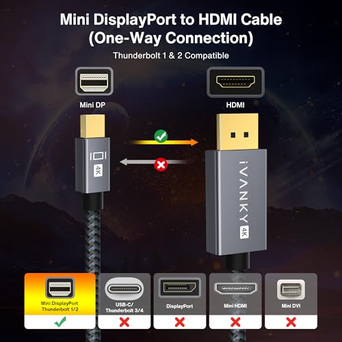 IVANKY 4K Mini DisplayPort to HDMI Cable 10FT, 4K@30Hz Thunderbolt to HDMI Cable, [Alum Shell/Braided/Optimal Chip], Mini DP to HDMI for MacBook Air/Pro, Surface Pro/Dock, Monitor, Projector -10FT by IVANKY - Used condition - Image 3