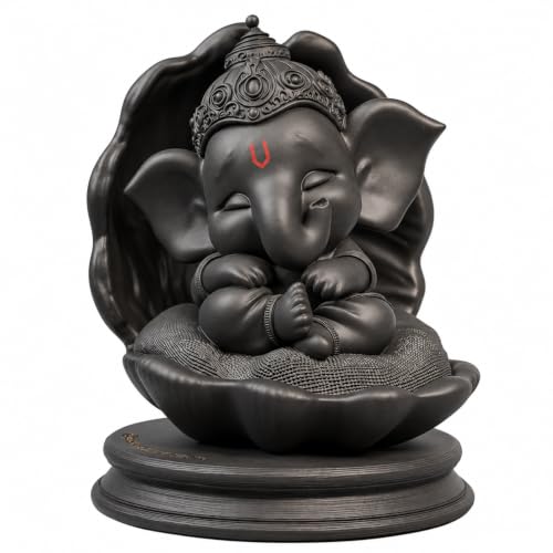 Image of Baby Ganesh Figurine Matte Black with Red Tilak, Car Dashboard & Desk Decor (60mm)