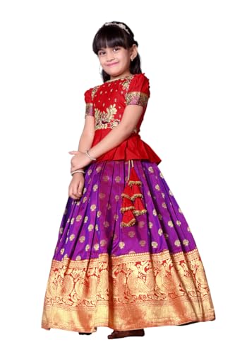 Image of Wommaniya Impex New south Indian traditional pattu pavadai Jecquard Lehenga choli for girls dress