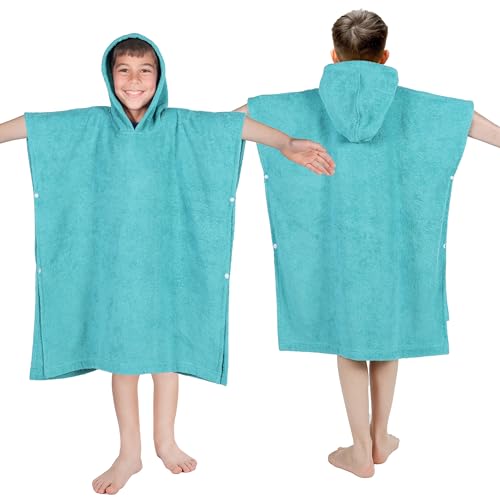 Image of Superior Kids Cotton Terry Poncho, Soft, Absorbent Bath Towel with Hood, Bathroom Accessories, Long, Plush Bathrobes for Bath, Shower, Spa, Resort, Hotel, Beach, Pool, Boy, Girl, Large Size, Teal