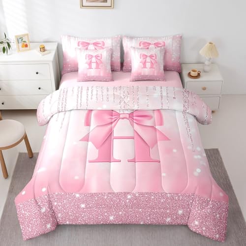 Image of Feelyou Kids Pink Bowknot 7 Pieces Bedding Set Queen Size, Personalized Initial H Bed in A Bag Princess Glitter Comforter Set with Sheets Boys Girls Bow Alphabet Teens Bed Set Bedroom Decor 7Pcs