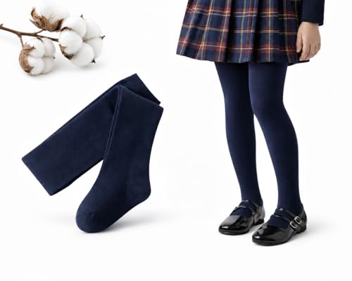 CYS Leotardos Infantiles de Algodón Peinado – Medias Escolares Suaves y Resistentes, Transpirables, Antipilling, Uso Diario, Tallas 3-16 Años (Altura hasta 172 cm) (AZUL MARINO, 7-8 AÑOS (128CM))