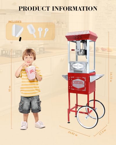 Image of Large Popcorn Machine with Cart: 12 Oz Vintage Commercial Popcorn with Foldable Stand Makes Up to 48 Cups, 3 Serving Cups, Measuring Cups & a Scoop for Home Party Office, Bright Red