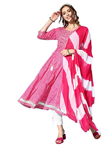 Image of ishin Women's Pink & White Embroidered Anarkali Kurta set with Trouser & Dupatta