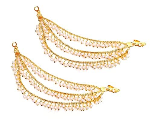 Ervio Earchains Gold Plated Three Layer Long Bridal Wedding Festival Moti Pearl Ear Chain Champaswaralu kan chain Earchains Ear Chains For Hair Jhumka Jhumki Traditional Earrings For Women Girls
