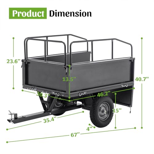 Carretilla Volteo 600 lbs Capacidad 17 Pies Cúbicos – Carro de Remolque para ATV, Tractor de Césped, Jardín con Neumáticos de 15" – Volteo de Control Dual, Construcción Resistente a Óxido, Negro miniatura 4