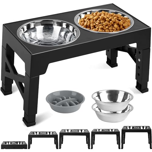 Romicta Gamelle surélevée pour Chiens de Grande Taille avec 2 gamelles en Acier Inoxydable de 1200 ML et 1 Gamelle Anti-Glouton - pour Chiens de Taille Moyenne et Grande - 5 hauteurs réglables