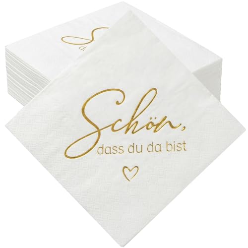 COMOOKA Servietten Geburtstag - 50 Stück Servietten Schön dass du da bist - Geburtstagsservietten Weiß - Papierservietten Hochzeit - Tischdeko für Geburtstag Hochzeit Kommunion Konfirmation