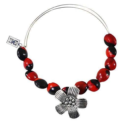 Image of EVELYN BROOKS Silver Cherry Blossom Charm Adjustable Bangle Bracelet for Women- inch Symbol Love & Happiness w /Meaningful Good Luck Seed Beads - Handmade Jewelry | Great Gifts for Mom, Daughter, Sister,