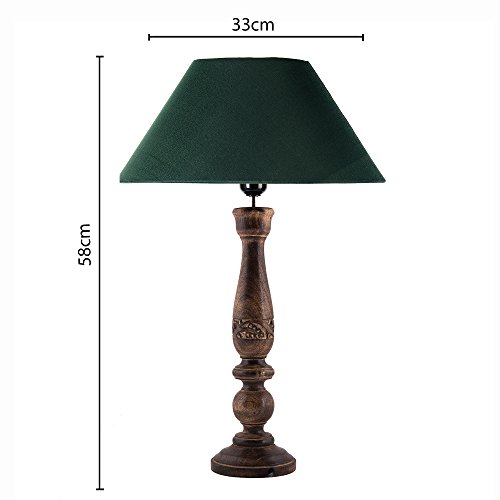 Image of Homesake Handcrafted Wooden Table Lamp for Bedroom & Living Room | Decorative Bedside Reading Lamp with Fabric Shade, E27 Holder | Bulb Included | Black Floral Carved Base for Home Decor, Green Cone