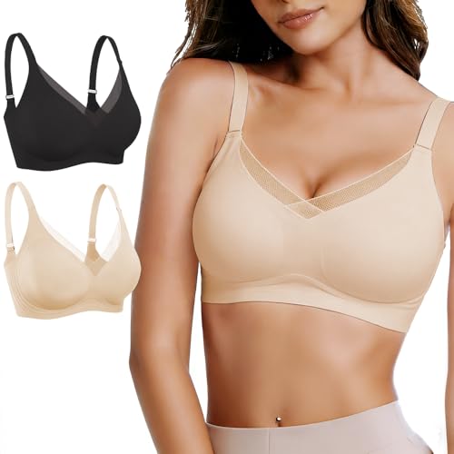 El Mejor Listado de Sujetadores básicos para Mujer de esta semana. 47 Meajax 2PCS Brasier Sin Varillas Mujer, Escote V con Malla, Sujetador Bra Cómodo sin Aros, Copas Semi-Fijas + Correas Anchas, sin Costuras, Negro/Beige para el Día a Día-3XL