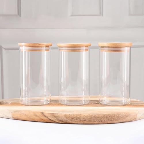 Image of VILON 11oz(330ml) 12-Pack Glass Jars Set, Cylinder Spice Jars with Bamboo Lids and Labels, Food Storage Container Canisters for Home Kitchen, Spice, Herbs, Seasoning, Seed, Tea, Sugar, Salt