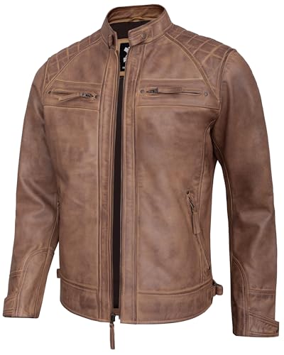 Image of Leather Jacket Men - Real Lambskin Motorcycle Jacket with Snap Tab Collar, Adjustable Waist & Zippered Pockets