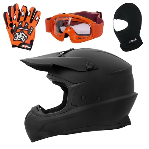 Zorax Matt Black XL (61cm) ZOR-X305 Motocross Helmet & Orange Gloves XL(11cm) & Orange Goggles & Balaclava - Off Road MX Quad Dirt Bike Enduro Crash Helmet ECE Approved