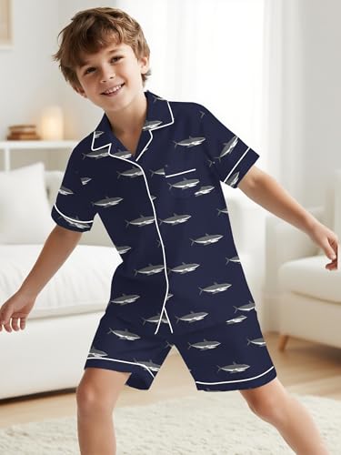 SANGTREE Boys Girls Pajamas Set 2 Piece Soft Short Sleeve Sleepwear Button-Down Kids Nightwear, 5-14 Years3