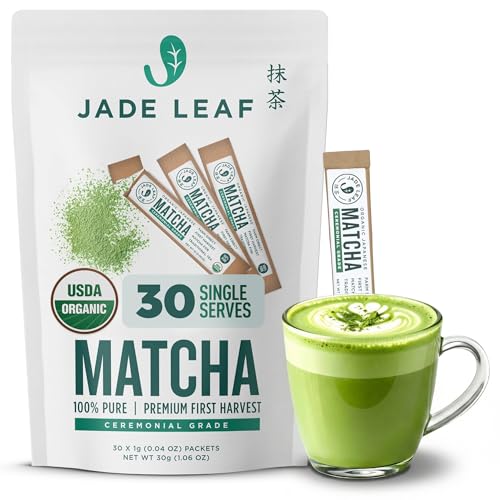 Jade Leaf Matcha Organic Ceremonial Grade Matcha Green Tea Powder On The Go Packets - Japanese - Culinary, Ingredient, Ceremonial Barista Teahouse, Latte, Collagen, 0.04 Ounce (Pack of 30), Ceremonial Matcha