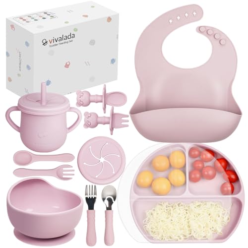 Image of Vivalada Silicone Baby Feeding Set - 12PCS Baby Led Weaning Supplies, Suction Plate with Lid and Bowl, Self Feeding Spoons Forks Sippy Cup and Bib, Eating Set 6+ Months (Pink)