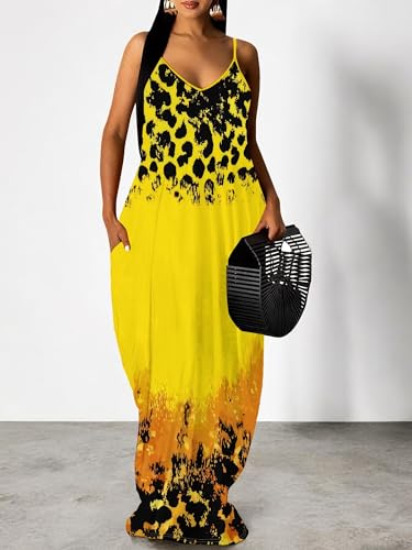 Image of Women's Summer Maxi Dress Spaghetti Strap Floral Boho Beach Long Sundress with Pockets