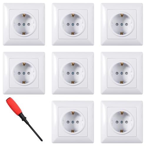 ZIGefofo 8 Piezas Enchufe de Pared Empotrado Schuko Enchufe Simple 16A 250V Toma de Corriente Superficie Blanco Enchufes Empotrar con Destornillador para Cocina Dormitorio Oficina (82 mm x 82 mm)