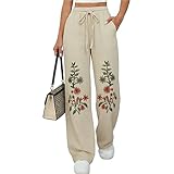 Maternity Linen Pants Wide Leg Linen Pants for Women 2026 Spring High Waisted Embroidered Cotton Floral Pant Summer Adjustable Drawstring Trousers with Pockets Beach Teacher Outfits Seniors Beige XL
