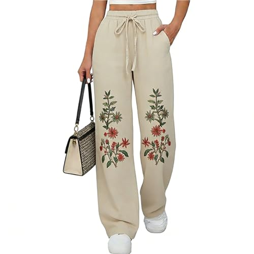 Maternity Linen Pants Wide Leg Linen Pants for Women 2026 Spring High Waisted Embroidered Cotton Floral Pant Summer Adjustable Drawstring Trousers with Pockets Beach Teacher Outfits Seniors Beige XL