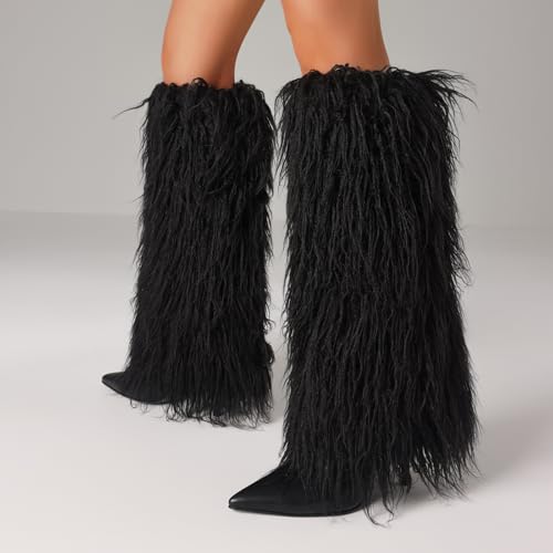 Kalstage Women Fur Knee High Boots Heels Wide Calf Fold Over Tall Boots for Party Evening Fashion Shows4
